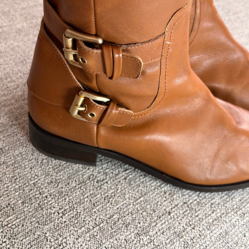 MICHAEL KORS Women Brown Leather Tatum Tall Riding Boots Gold Buckle SZ 7.5 - Picture 3 of 11